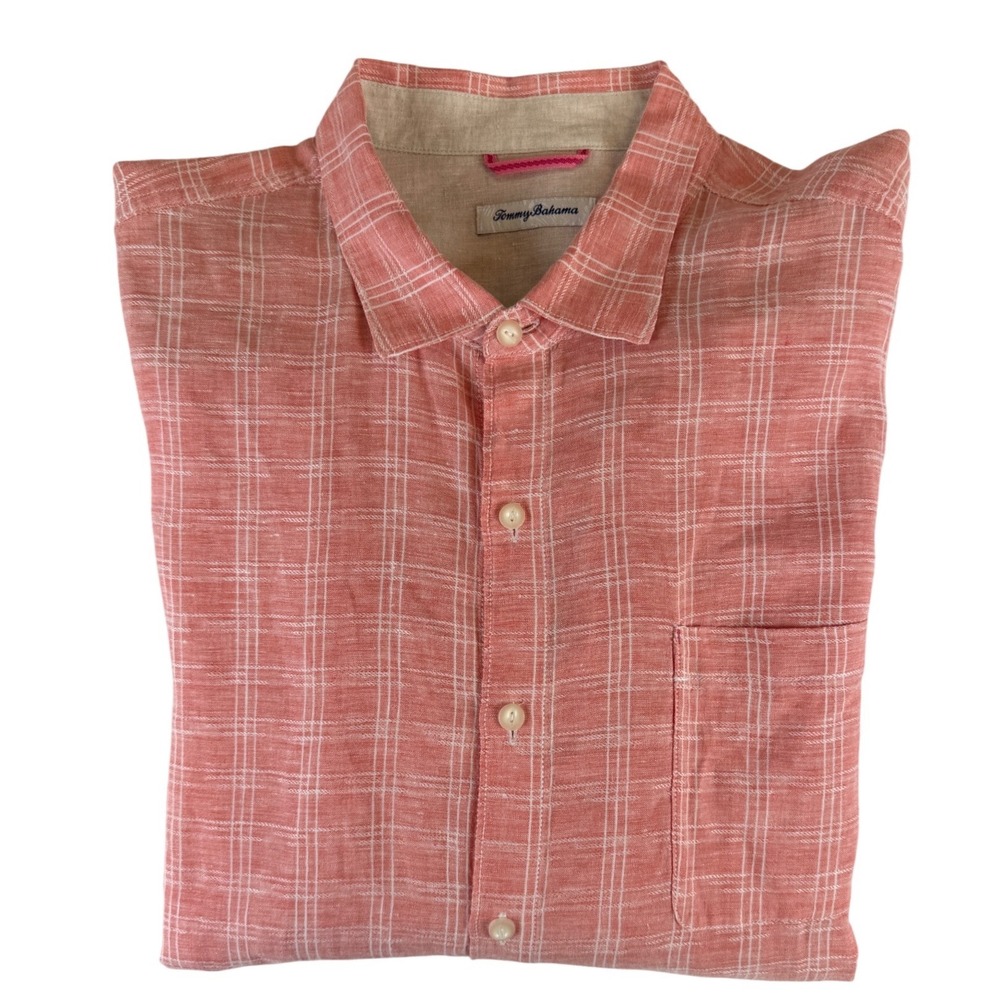 Tommy Bahama Shirt Mens XXLTG Big Tall Orange Linen Button Up Long Sleeve Beach